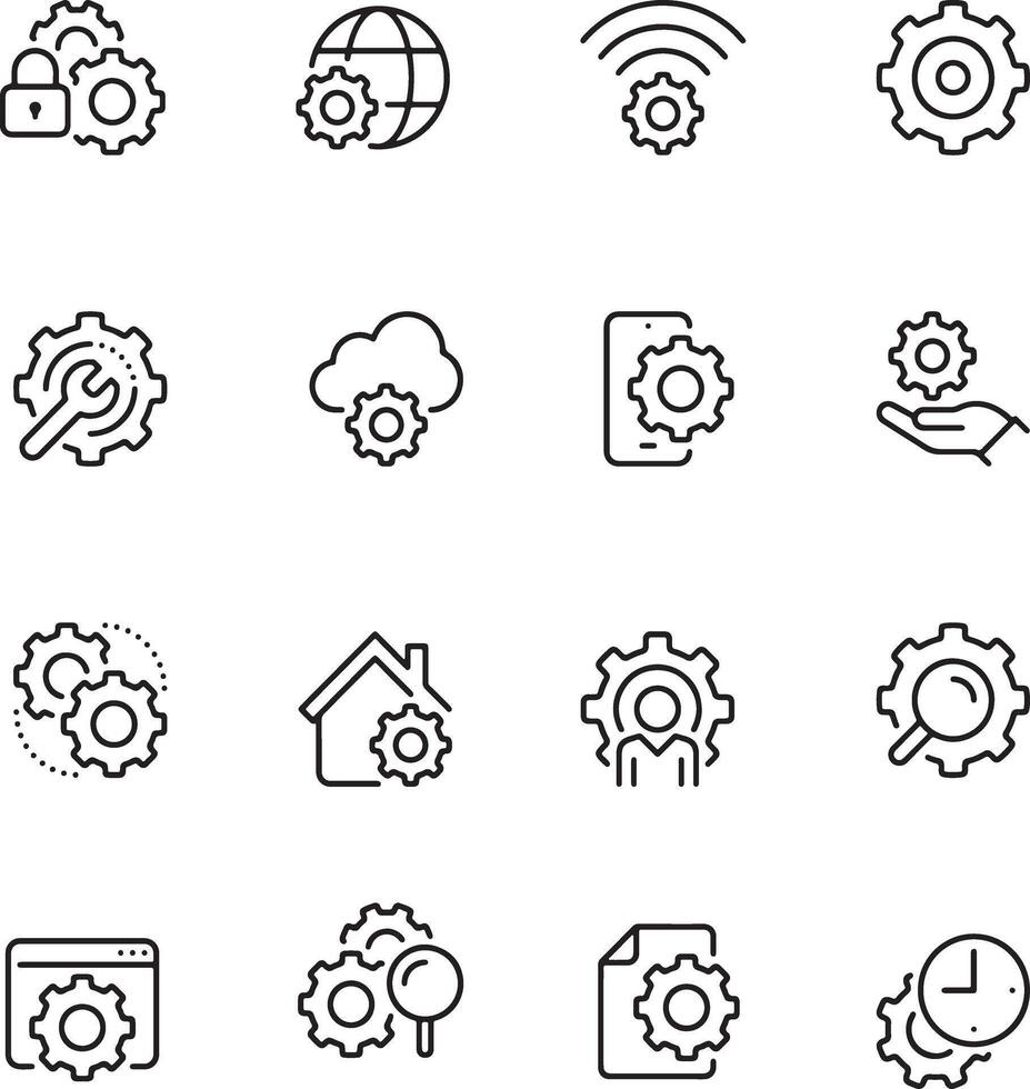 Icon set of settings preferences options control panel adjustment. Editable stroke. Thin line icons, flat illustrations. vector