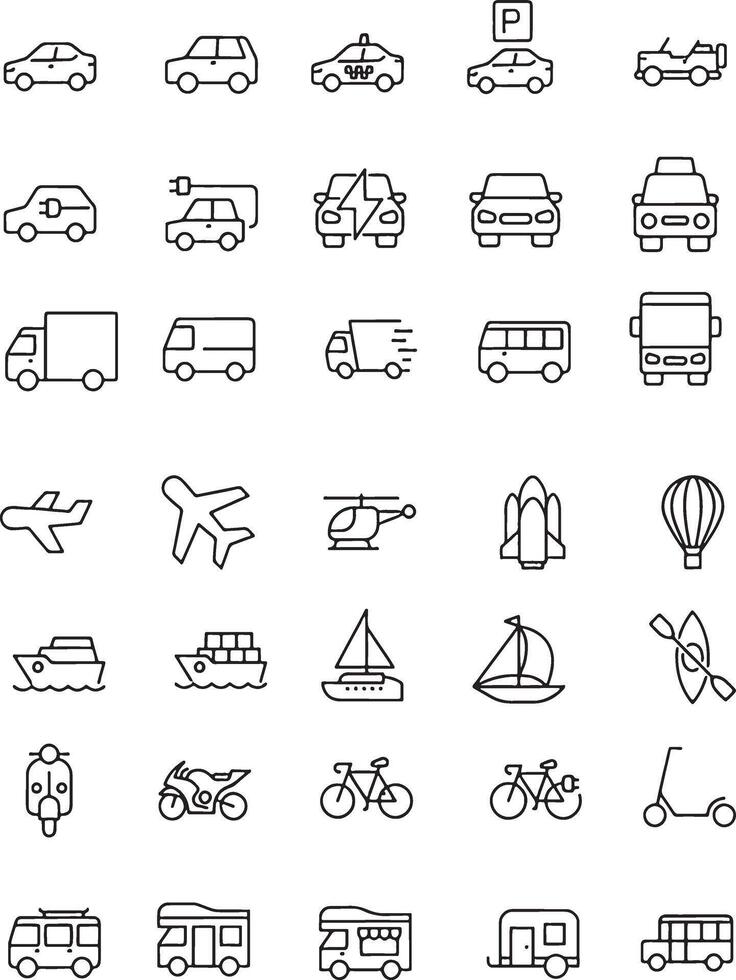 Pixel perfet icon set of various vehicle types. Thin line illustrations. vector