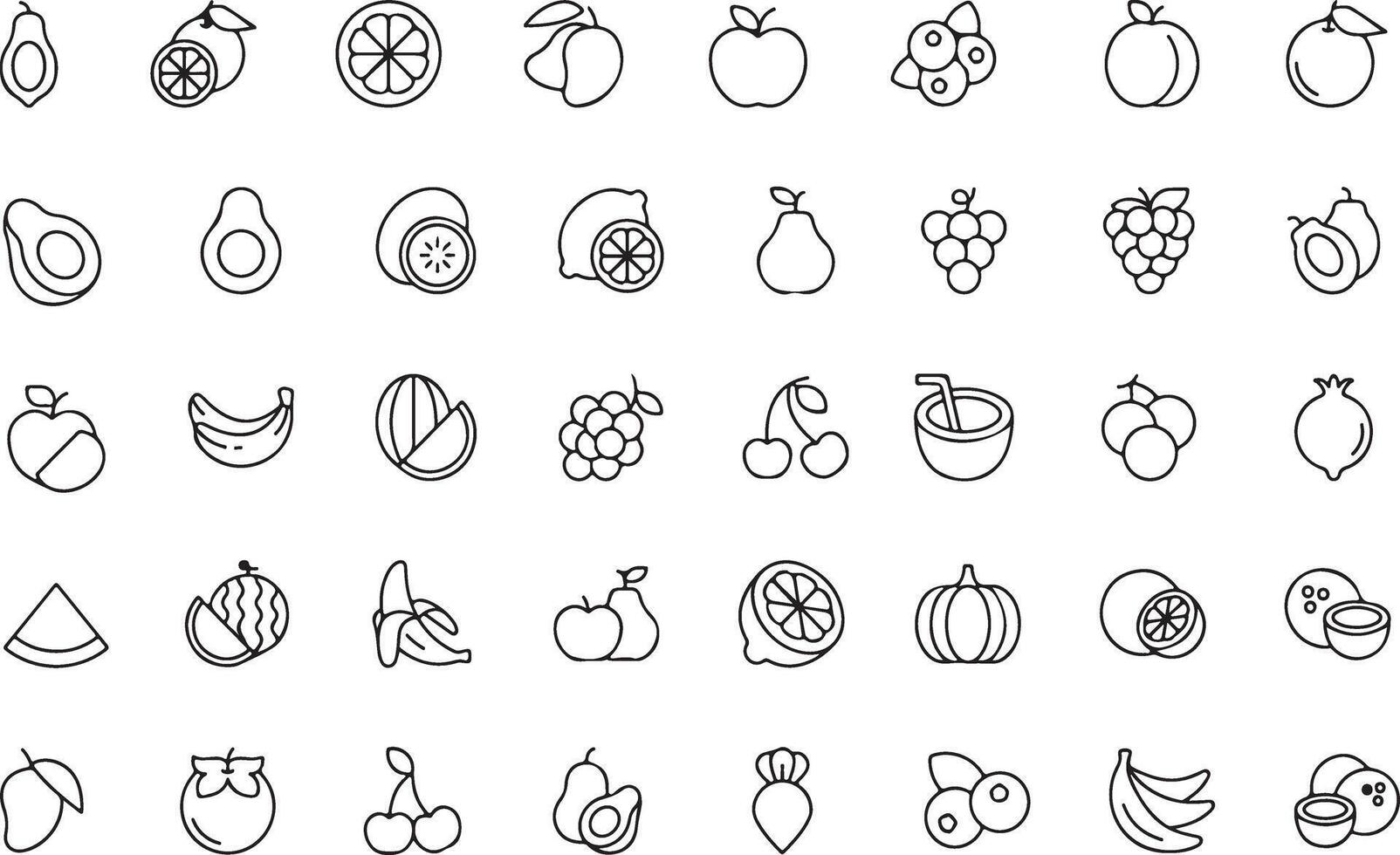 Pixel perfet icon set of various foods fruits vegetables. Thin line illustrations. vector