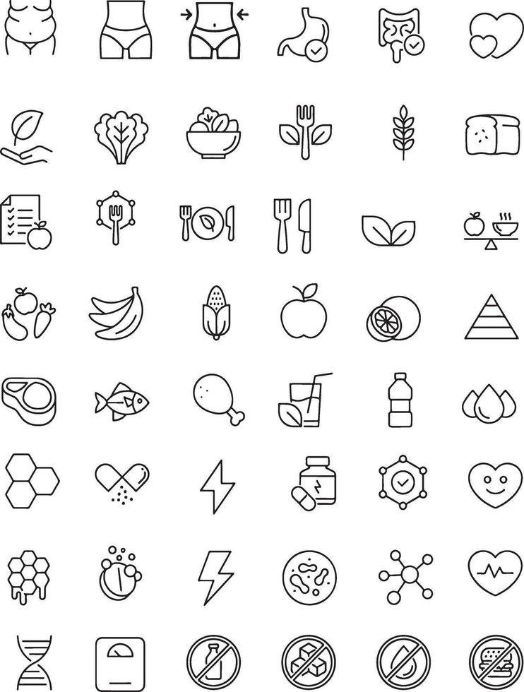 Icon set of healthy eating diet nutrition wellness weight loss. editable stroke. thin line icons illustrations. vector