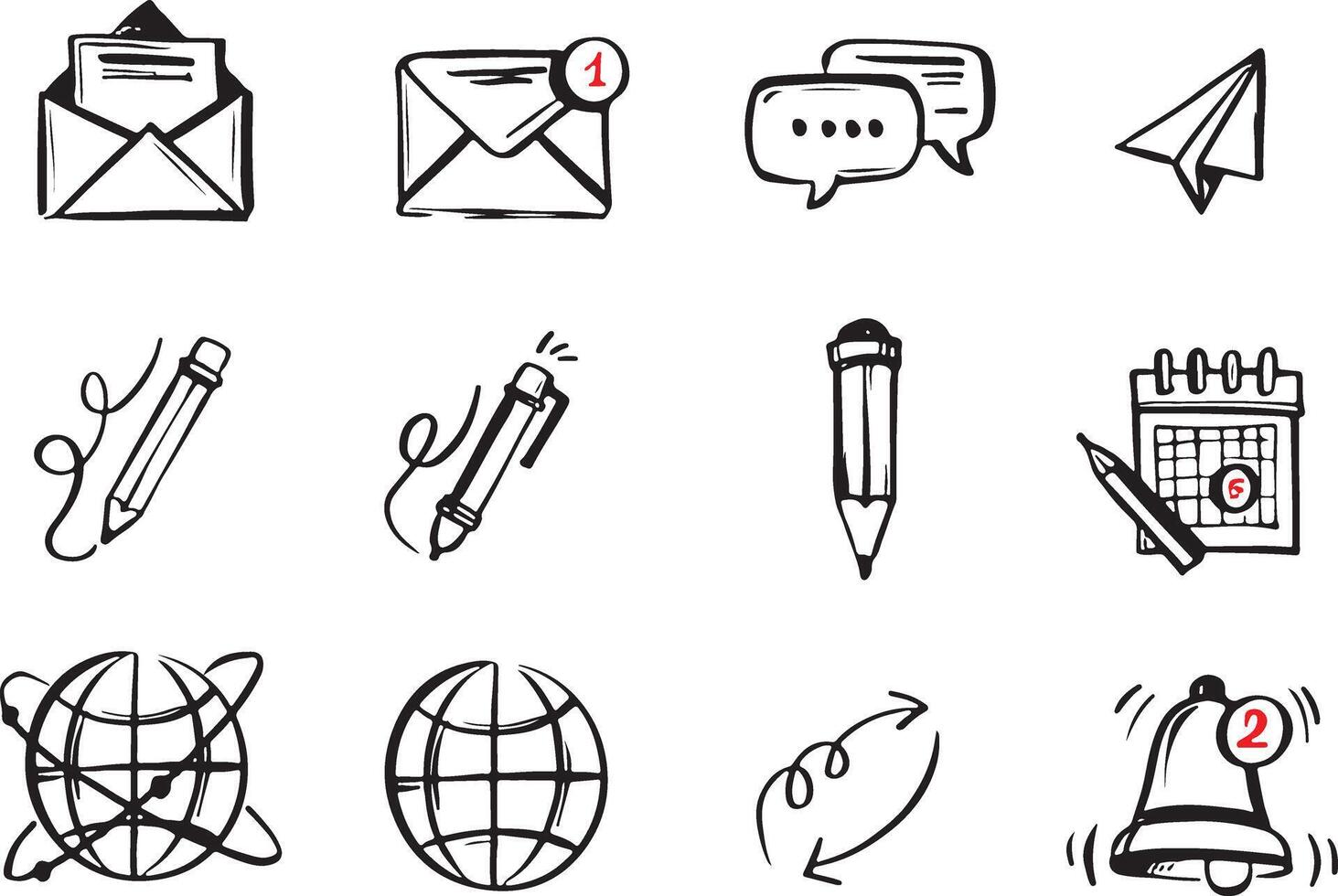 Hand-drawn icon set of message writing, sending, receiving, and preparation. Incoming message. Sent message. Social media application icons. vector