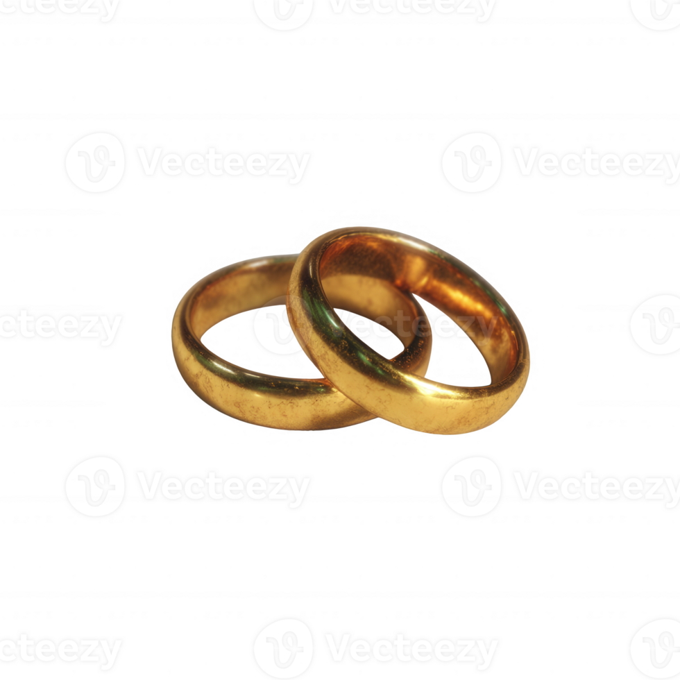 Two golden wedding rings displayed together, symbolizing love and commitment. Perfect for celebrating marriage and relationships in a modern context. png
