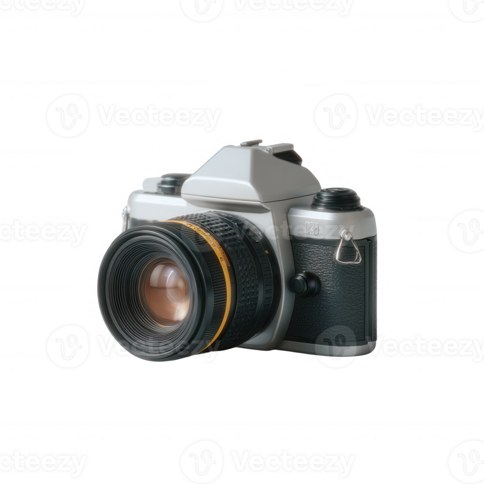 Retro camera with a classic design featuring a black body and a large lens png