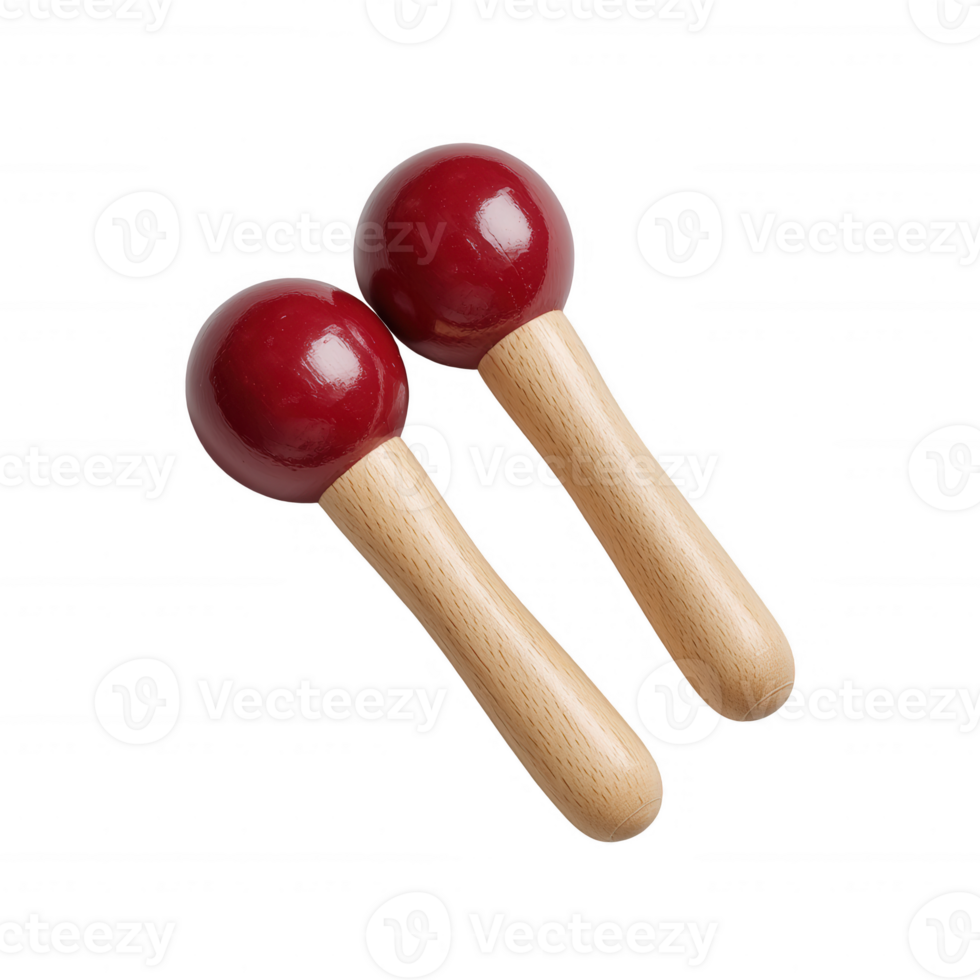 Two vibrant red maracas with wooden handles, perfect for musical enjoyment and rhythm. Ideal for children and adults alike to enhance creativity and fun in music. png