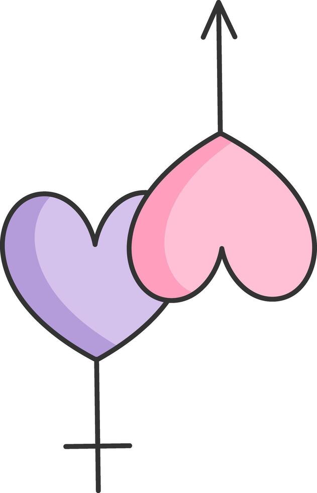 sex icon of a man and a woman in the shape of a heart, simple linear black and pink violet purple icons, isolated on a white background, doodle and sketch style, hand drawing vector