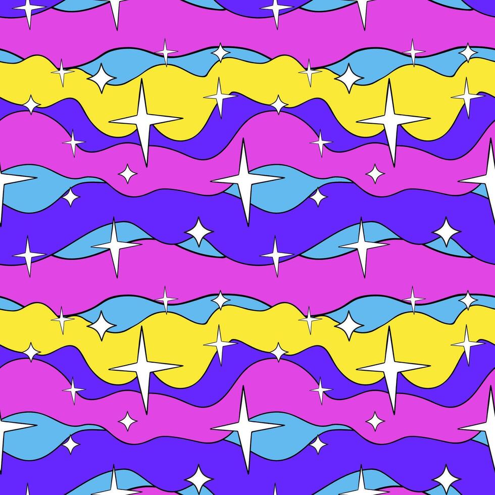 Seamless cool groovy wavy pattern with stars. vector