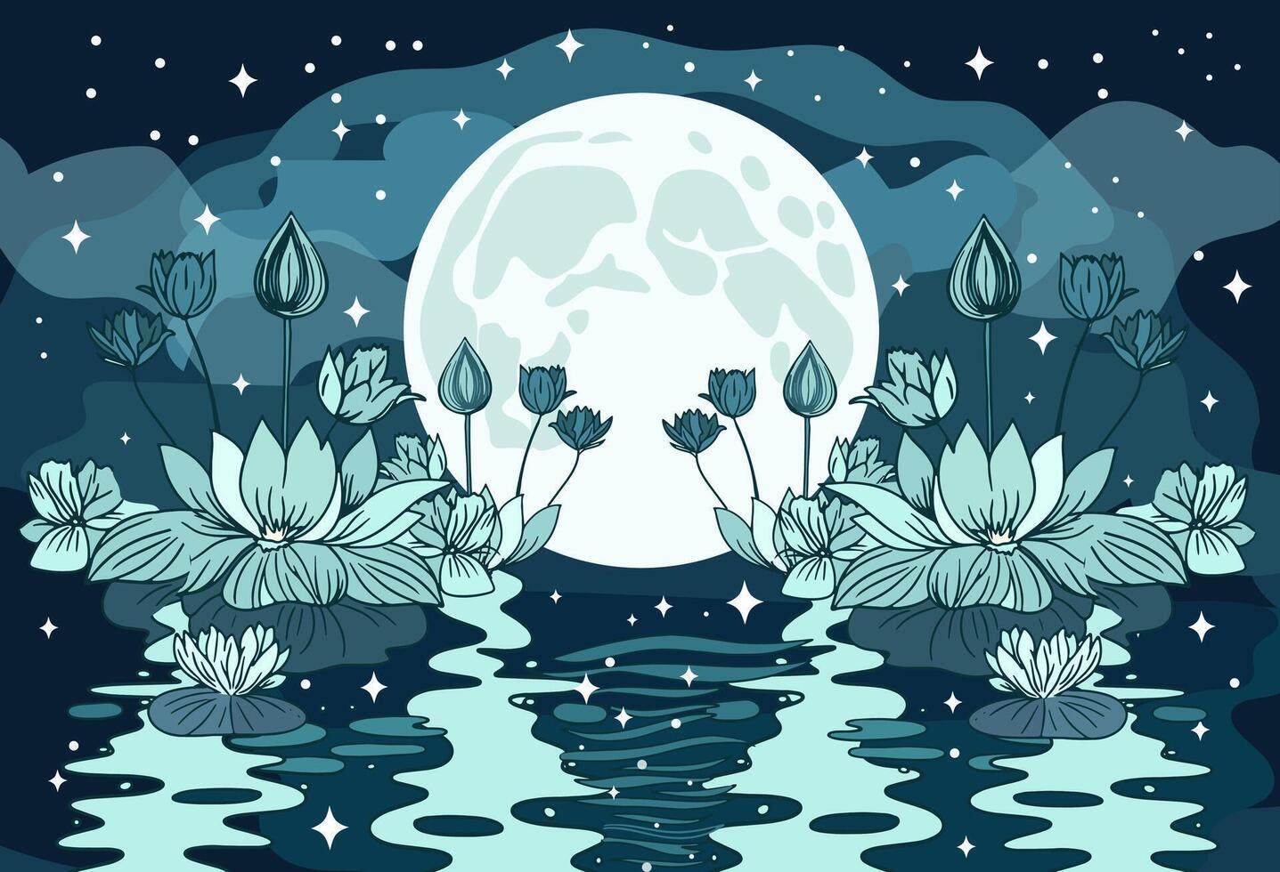 whimsical night background with white lotuses and moon vector