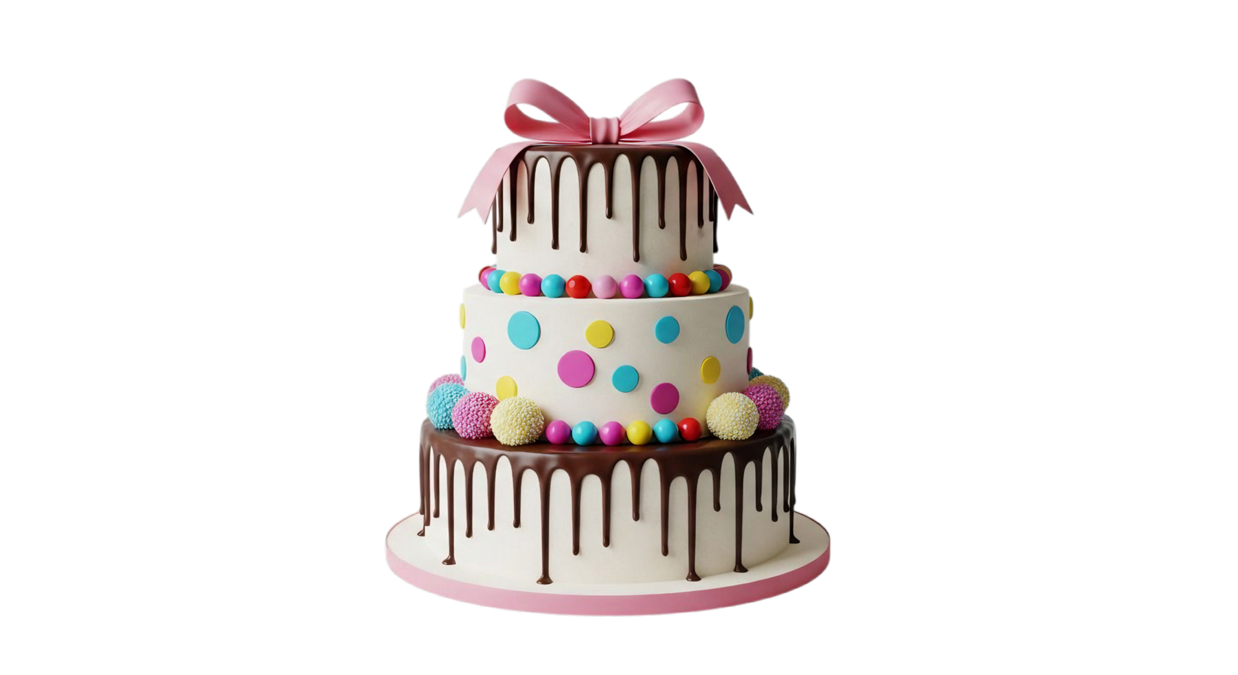 Colorful three-tier birthday cake with polka dots and dripping chocolate icing on transparent background for festive digital designs png