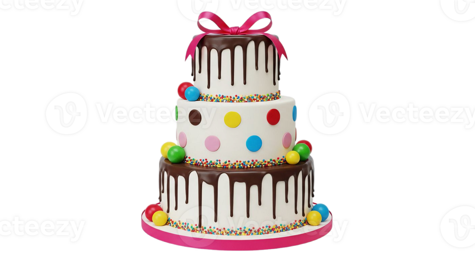 High-resolution birthday cake illustration featuring candy decorations and chocolate icing on transparent background for digital use png