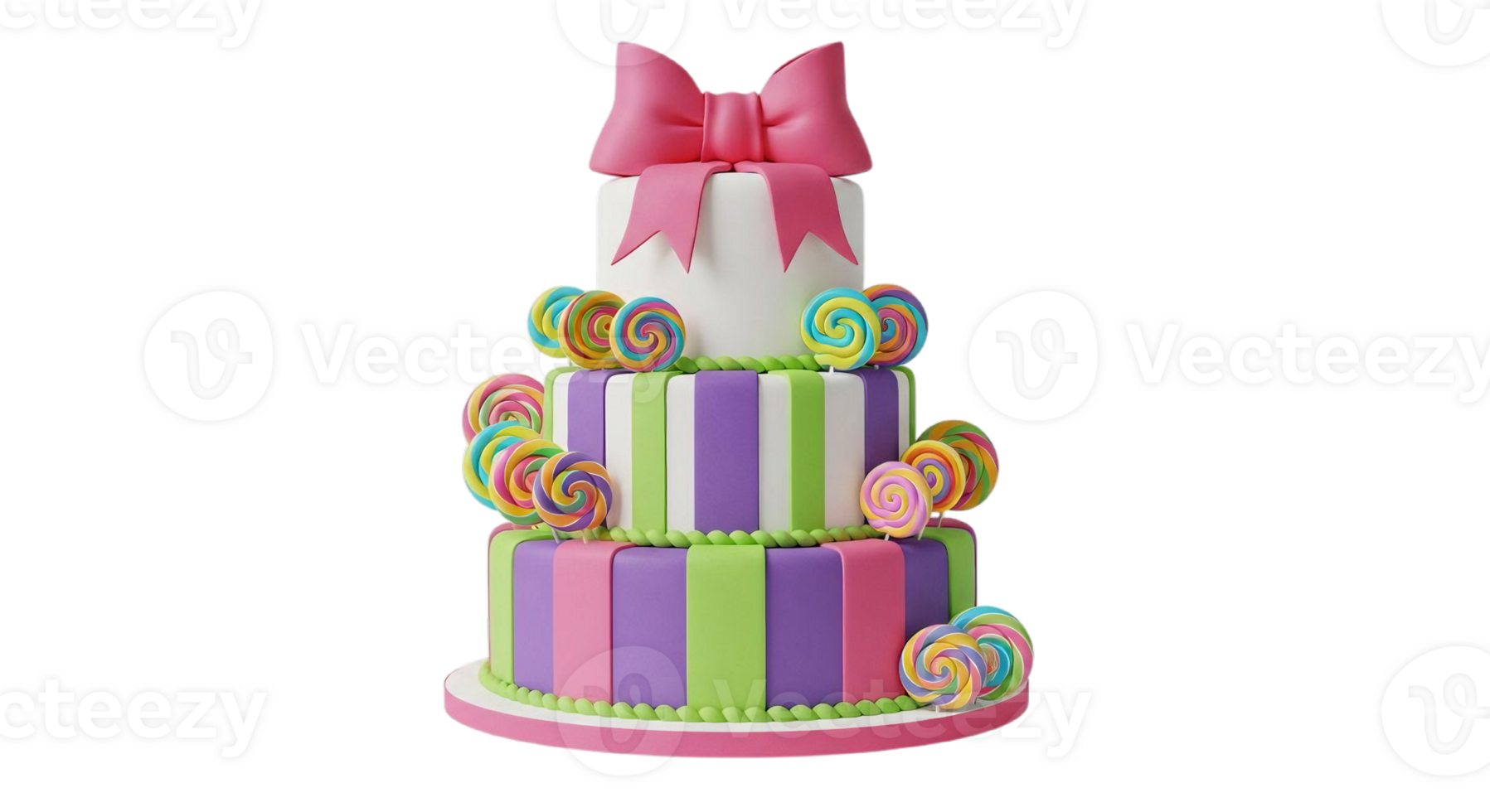 A colorful cake with lollipops and a bow png