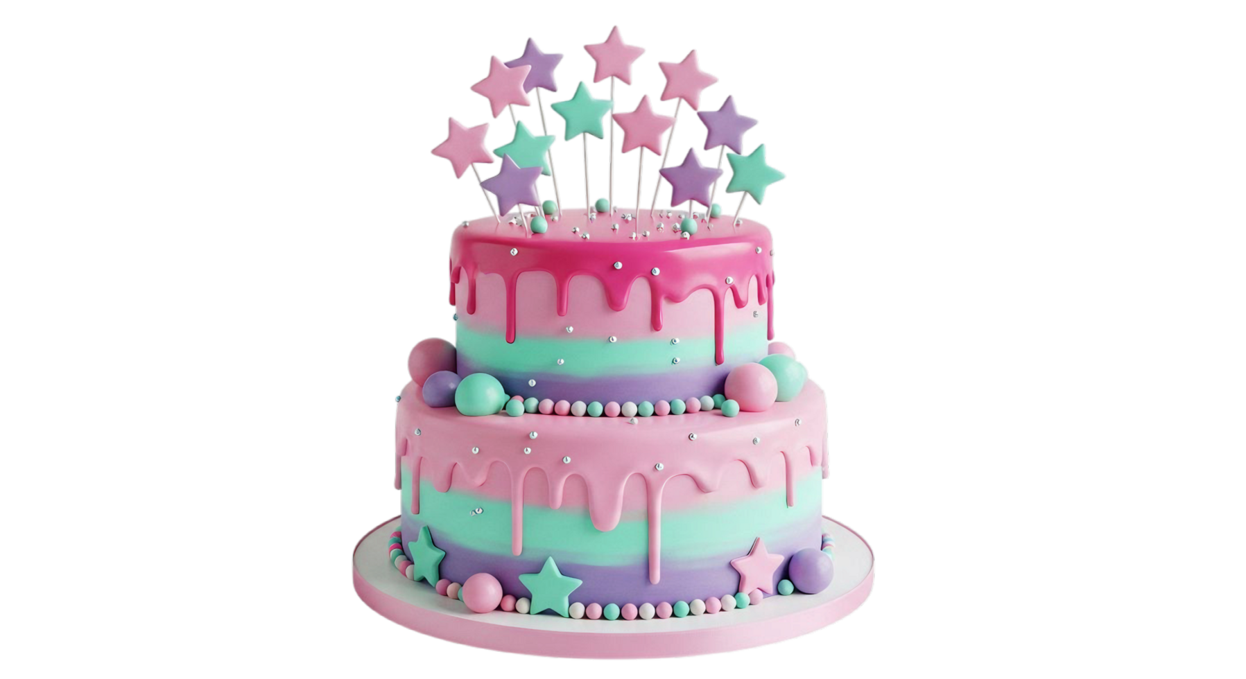 A pink and blue cake with stars on top png