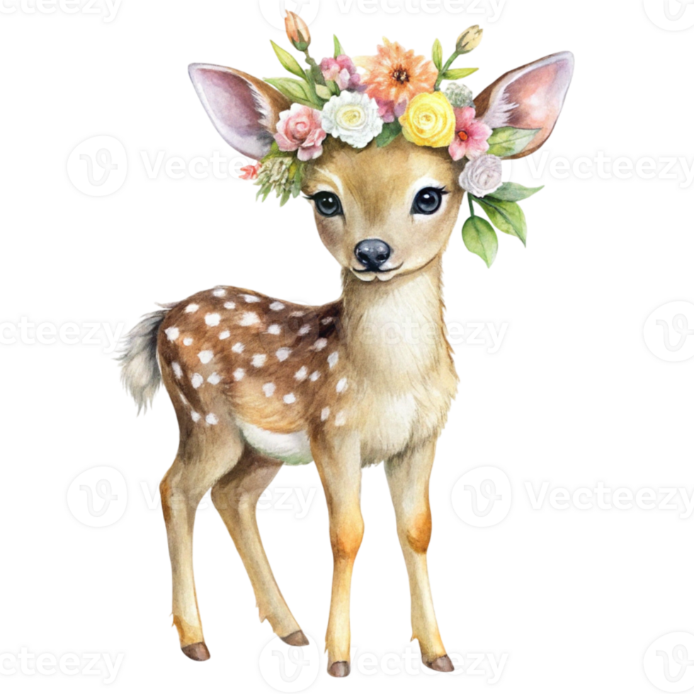 Watercolor deer with flowers on its head png