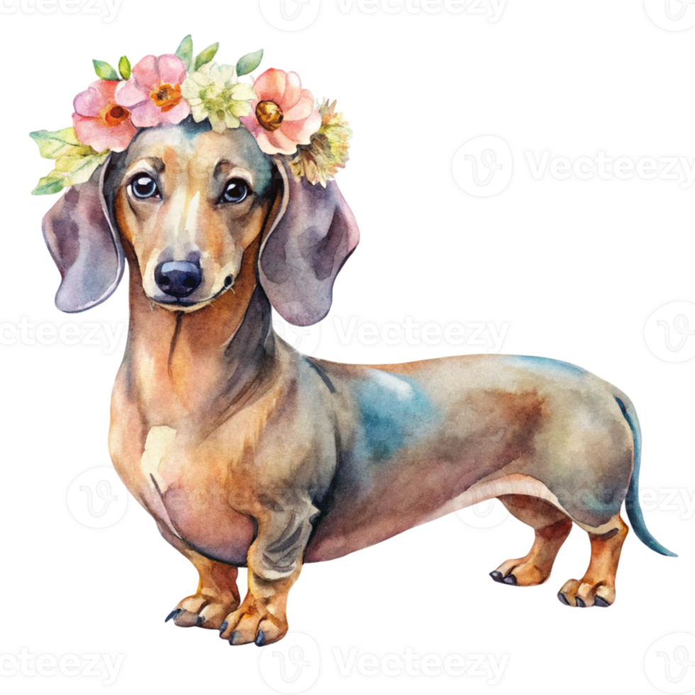 Watercolor illustration of a dachshund wearing a flower crown png