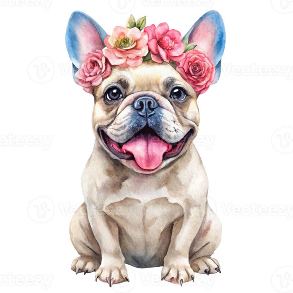 French bulldog dog with flowers on his head png