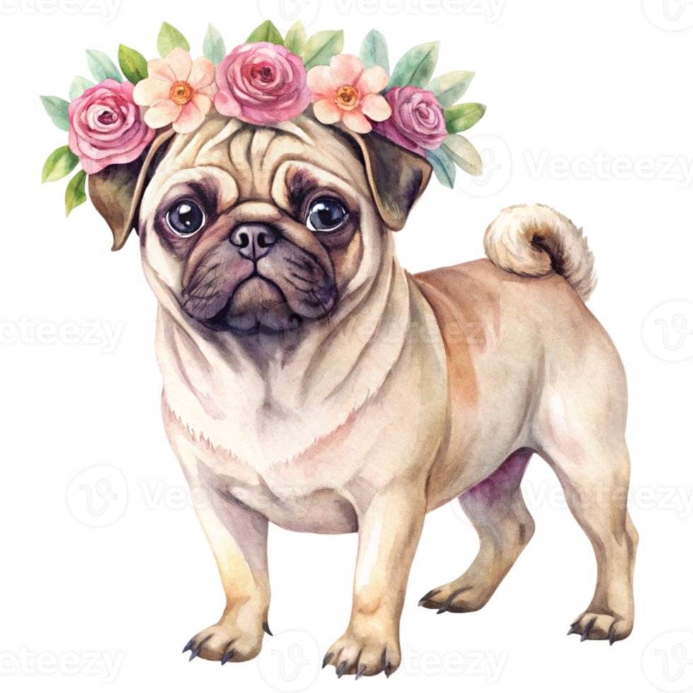 A pug dog wearing a flower crown png