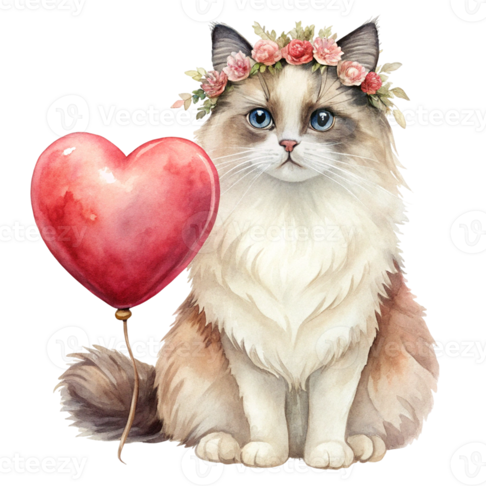 A cat with a heart shaped balloon png