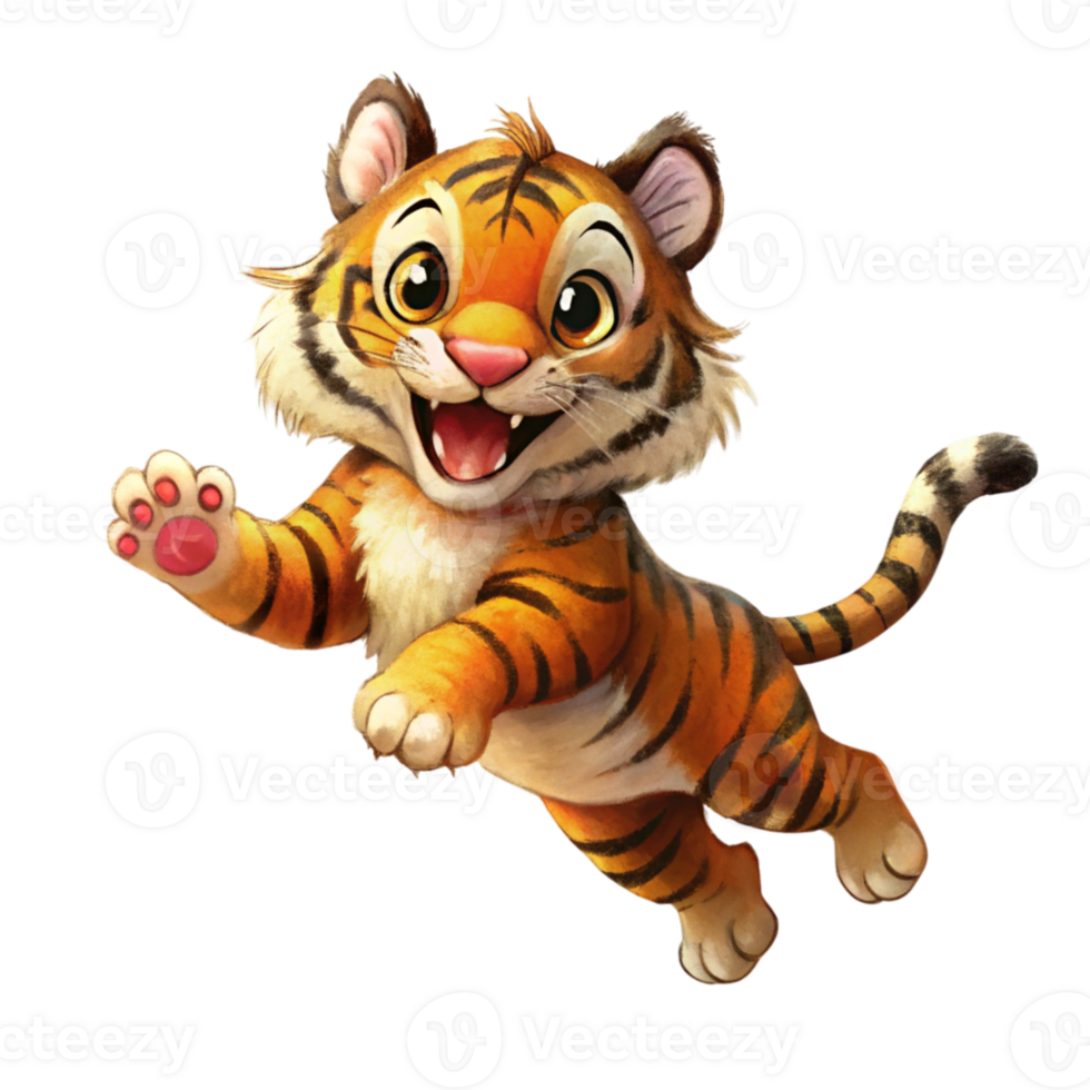 A cartoon tiger jumping with its paws up png