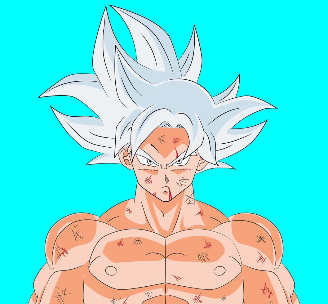2D illustration of Goku in Ultra Instinct with combat damage vector