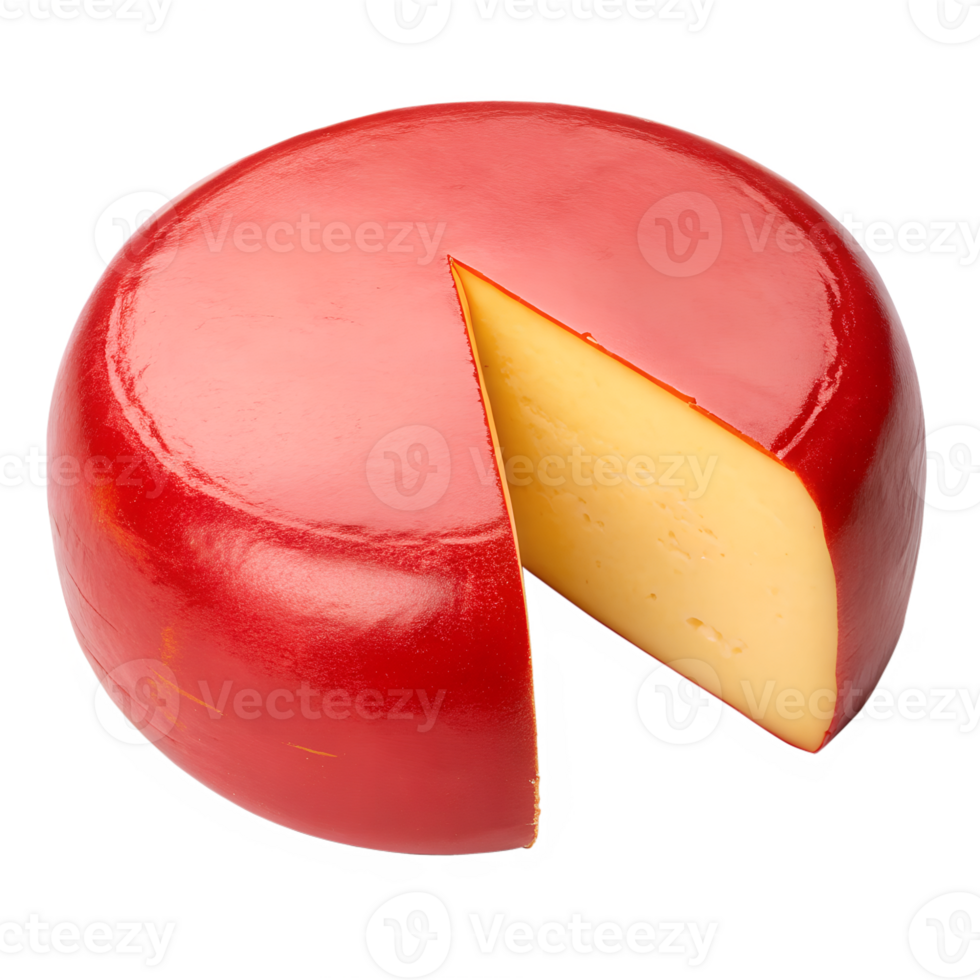 A Delicious Piece of Red Wax Coated Cheese Wheel Sliced Showing the Inside png