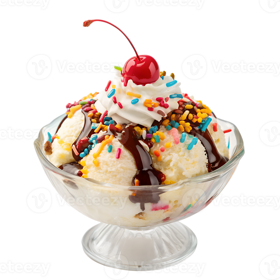 Delicious Ice Cream Sundae with Whipped Cream Chocolate Sauce and Sprinkles png