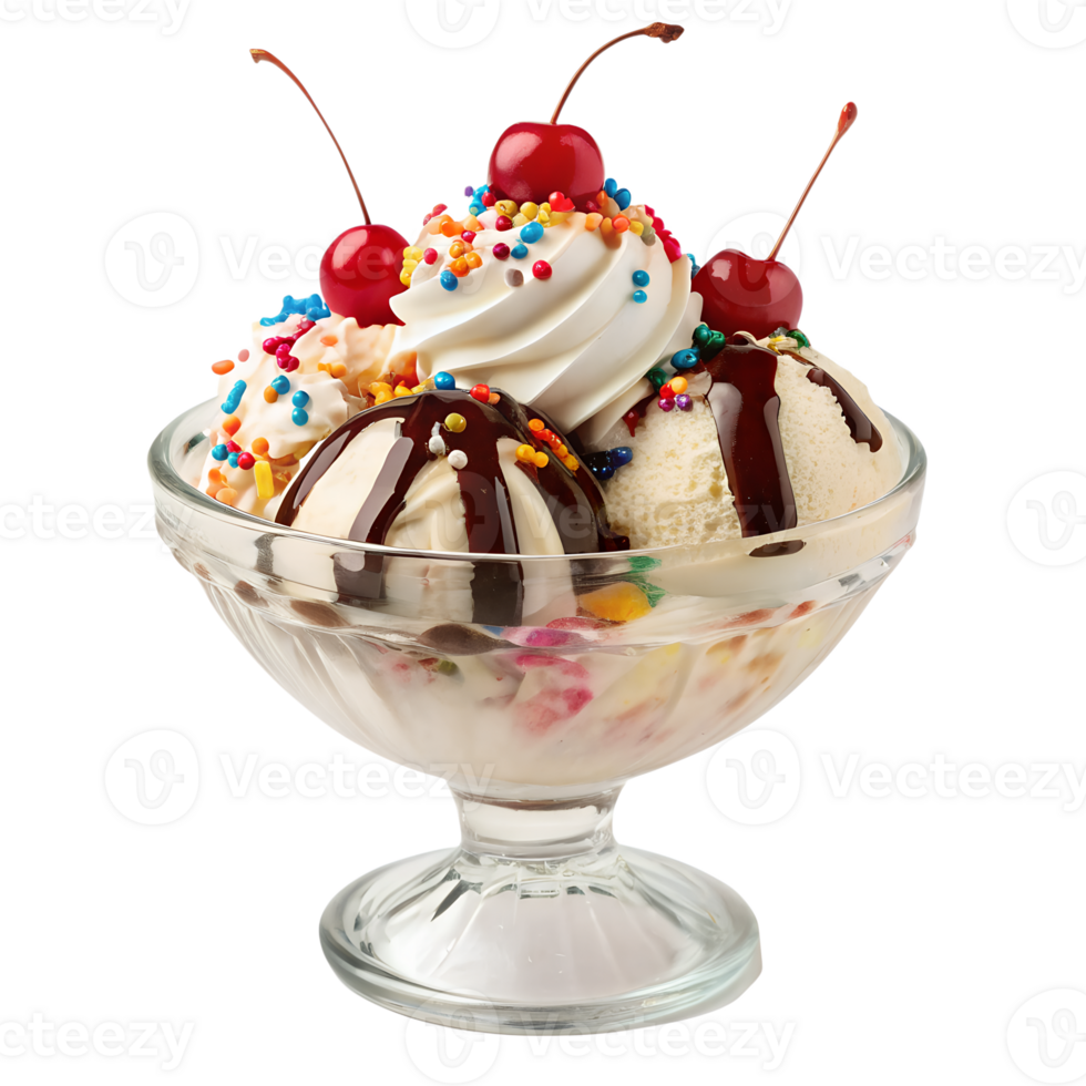 Delicious Triple Scoop Ice Cream Sundae with Cherries and Sprinkles in a Glass Bowl png