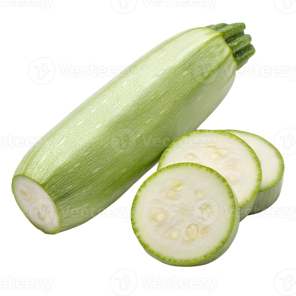 Fresh Green Zucchini Vegetable with Slices Showing Interior Texture and Seeds png