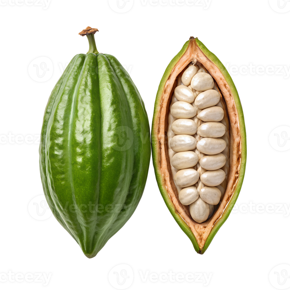 A whole and an opened cacao pod showing the cocoa beans inside the pod png