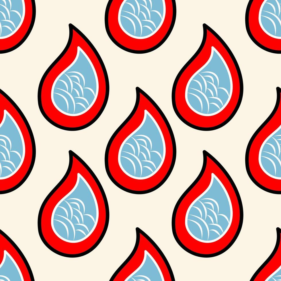 Traditional Japanese Pattern Waves Ornament Seamless Repeat Minimal Warm and Cool Tone Style Red and Blue on Cream Background. Detailed of Fire Flame Dew Drop Waving Tatami Wallpaper Clothing Textiles vector