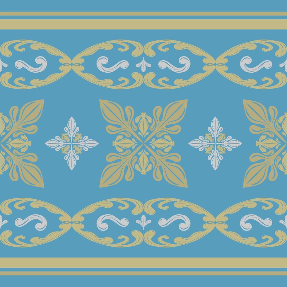 Beautifully Golden Floral and Silver Tone n Royal Blue Background Pattern. Fine Art Scroll Ornament Striped Border with Intricate Hand Drawn Design for all rich and detailed of opulence expression vector