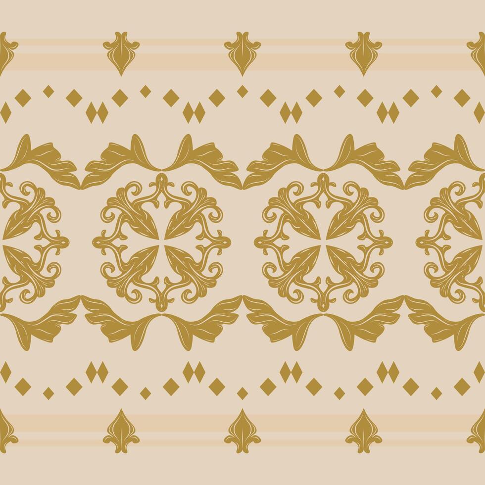 Intricate Flourish Baroque Royal Botanical Style with Golden Ornament Pattern on Beige Background. Luxury Wealth Gold Leaves Florals Border Delicate Byzantine Illustration for Carpet Embroidery Fabric vector