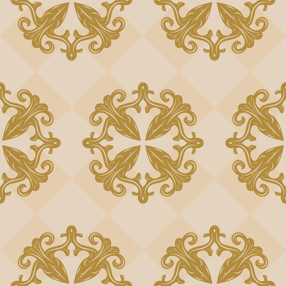 Repeat Elaborate Seamless Scroll Ornament Brocade Baroque Design Decoration Luxury Pattern with Golden Filigree on Beige Geometric Argyle Background. Modern Classy Timeless Style for Wallpaper Apparel vector