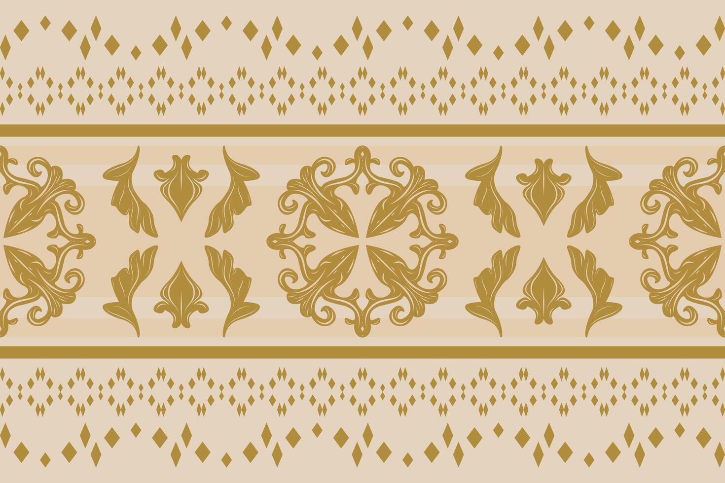 Flourish Digital Print Motif with Gold Scroll Ornament and Geometric Diamond Striped Elegance Pattern on Beige Background. Luxury Filigree Batik Textiles Silk Weaves Graceful Design for All Decoration vector