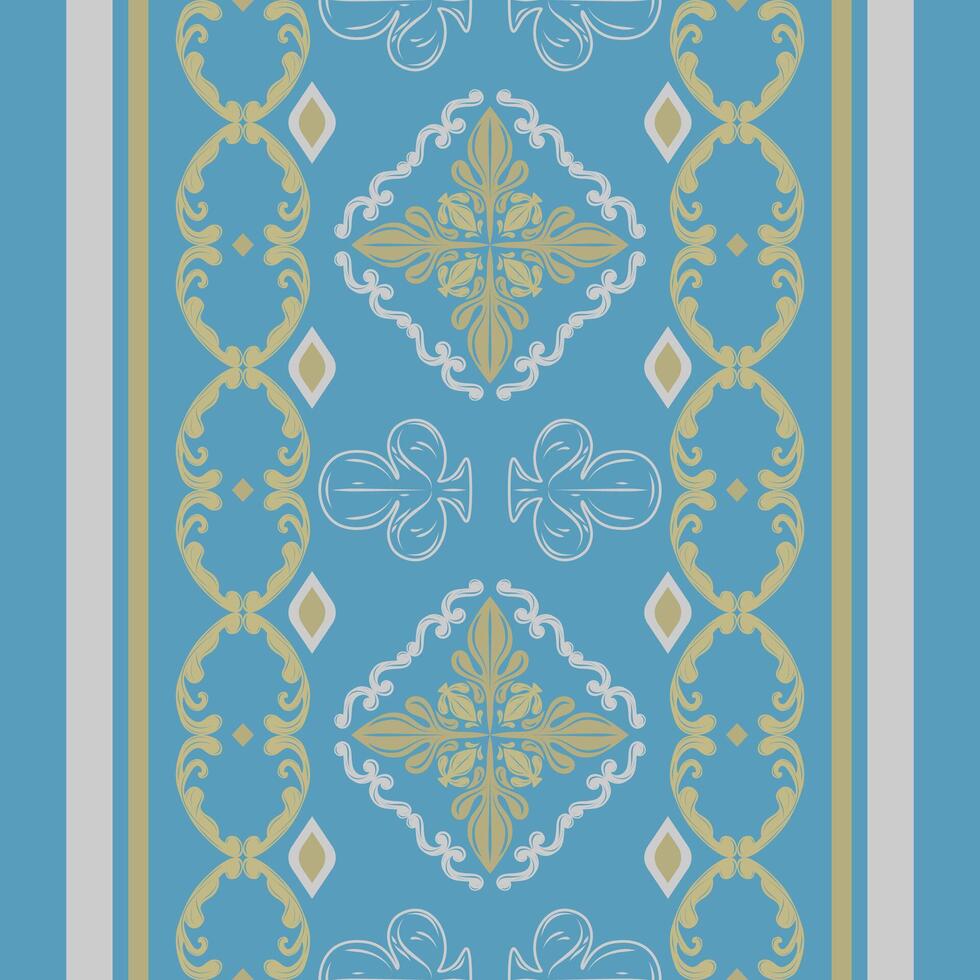 Elegance Golden Silver Striped Border Pattern with Delicate Scroll Ornament Fleur de lis Medieval Abstract Floral Design on Blue Background. Exquisite Luxury Frame and Geometric For Embroidery Carpet vector