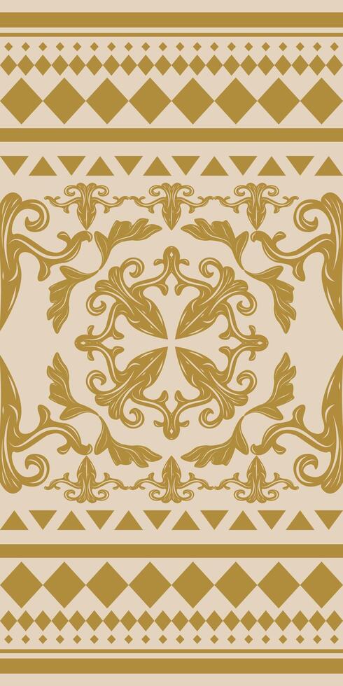 Ancient Exquisite Luxury Intricate Haute Couture Border Pattern with Opulence Gold Scroll Ornament on Beige Background. Dainty Blooming at Center with Leaves Frame Decoration Elegance Vibe Decoration vector