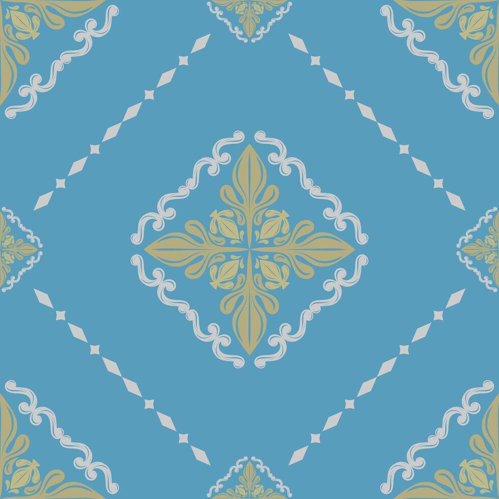 Neatly Seamless Pattern with Scroll Ornament Royal Design Gold Silver on Blue Background Damask Victorian Design for all kind of Luxury Decoration as Wallpaper Textiles Fabrics Bedding Fashion Apparel vector
