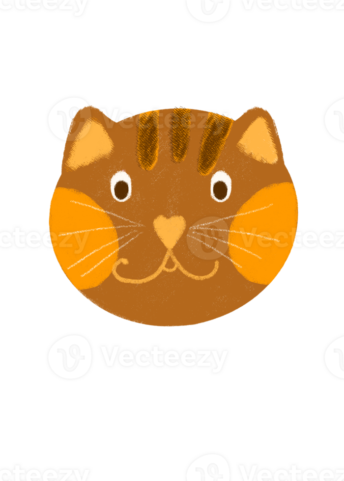Charming illustration of a brown cat head with a cute expression and colorful features. Perfect for childrens books, design projects, and imaginative digital media use. png