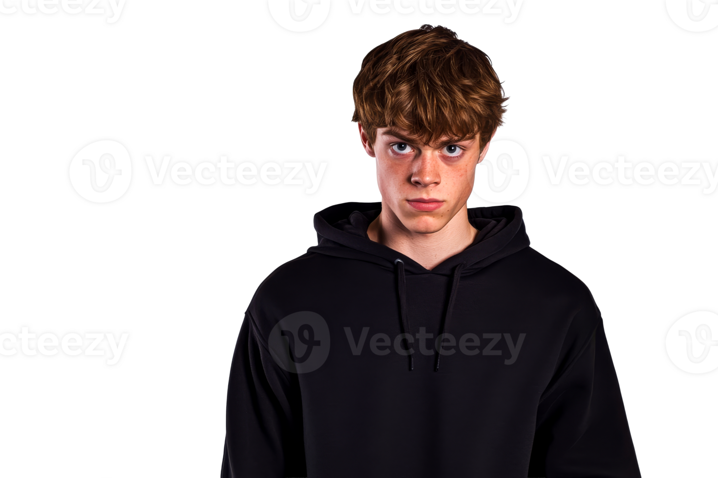 Stern young man wearing black hooded sweatshirt, cut out transparent png