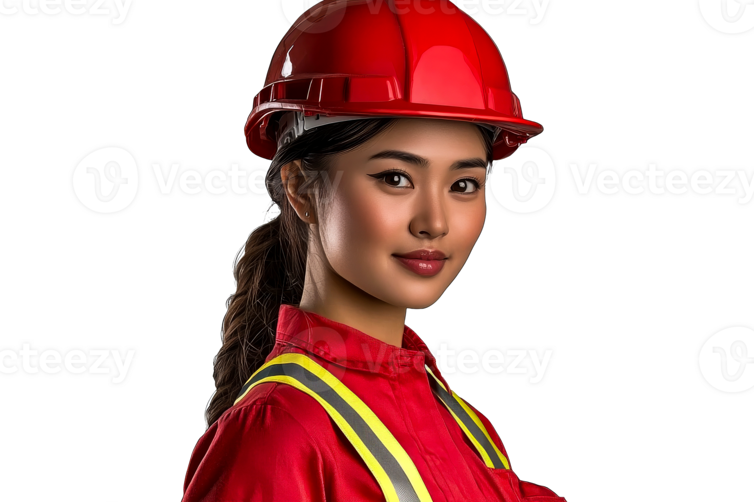 Asian worker poses with red safety helmet, cut out transparent png