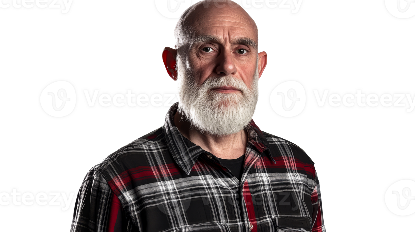Stern, bald man with white beard, looking at camera, cut out transparent png