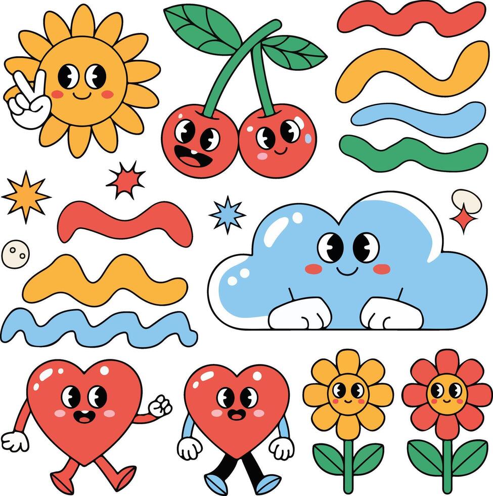 a set of cartoon characters with flowers, sun, clouds and hearts vector