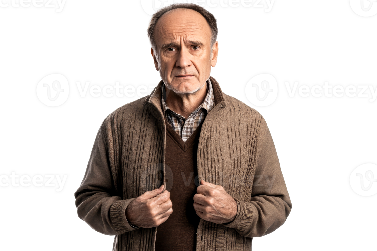 Older man in sweater looking at camera, cut out transparent png