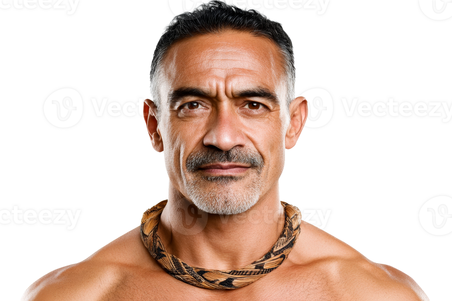 Mature man portrait with native necklace, cut out transparent png