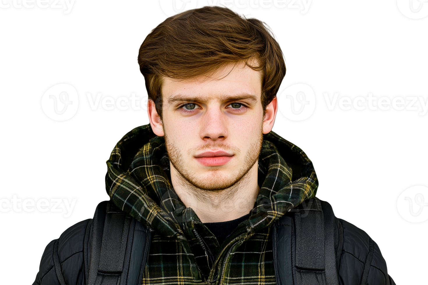 Headshot of a young man wearing flannel and jacket, cut out transparent png