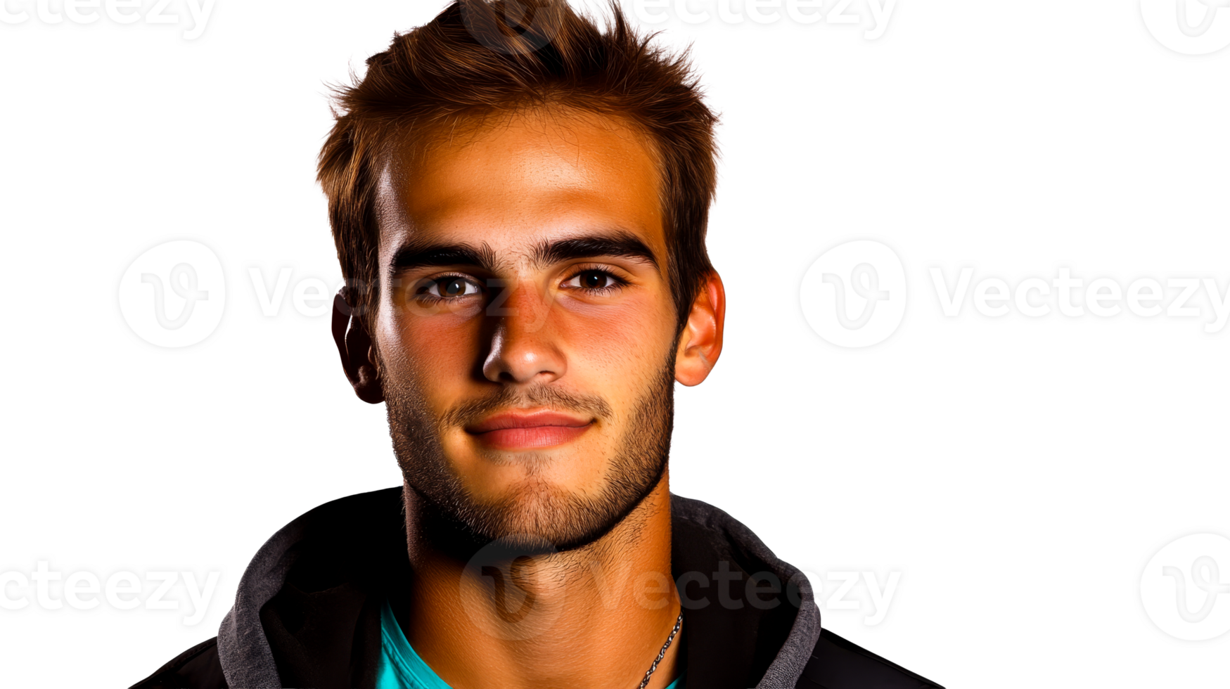 Headshot of a handsome young man smiling softly, cut out transparent png