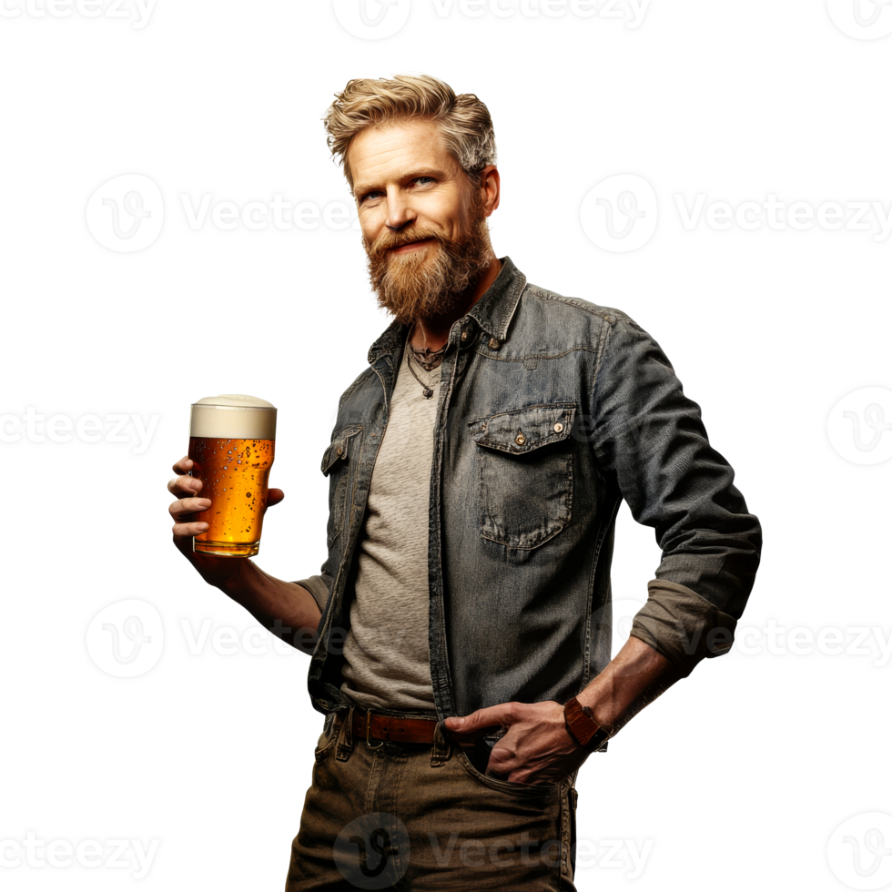 Man with beer, blonde hair, denim shirt, bearded, adult, cheerful, cut out transparent png