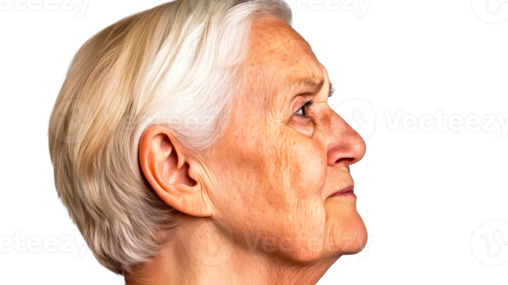 Mature face side view, fair hair, thoughtful gaze, cut out transparent png