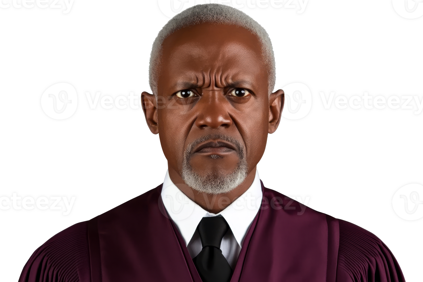 Stern African male judge stares, courtroom attire, cut out transparent png