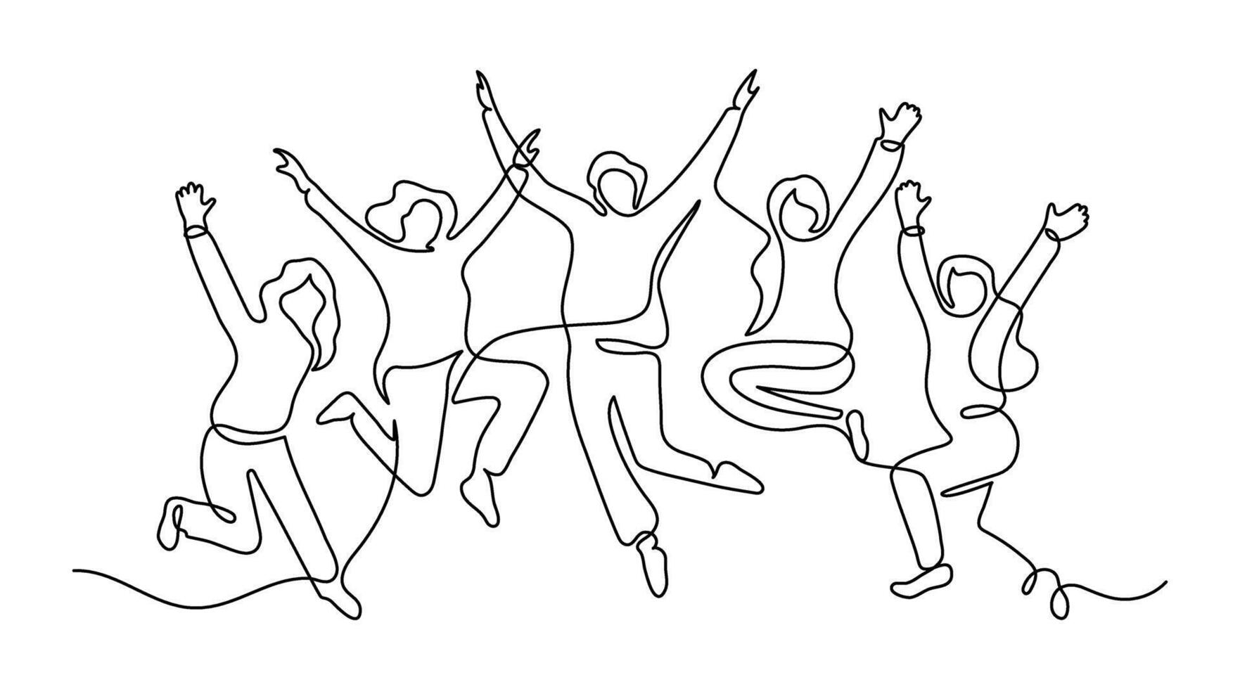 Happy group of people jumping, continuous one line drawing. Friendship, team work, healthy lifestyle, success concept. Minimalist simple linear style. outline illustration vector