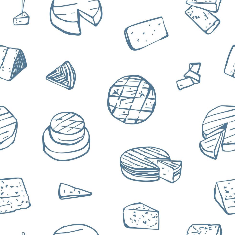 Hand drawn French cheeses seamless pattern. Different type of cheese on white background. Simple design for menu, fabric, textile, wrapping paper vector