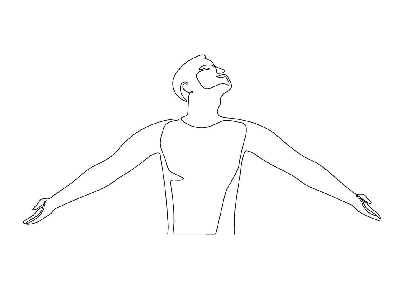 Continuous one line drawing happy man stretched her arms out to sides, relaxation and breathing exercise. Person stretching as symbol of freedom and openness to world. illustration vector